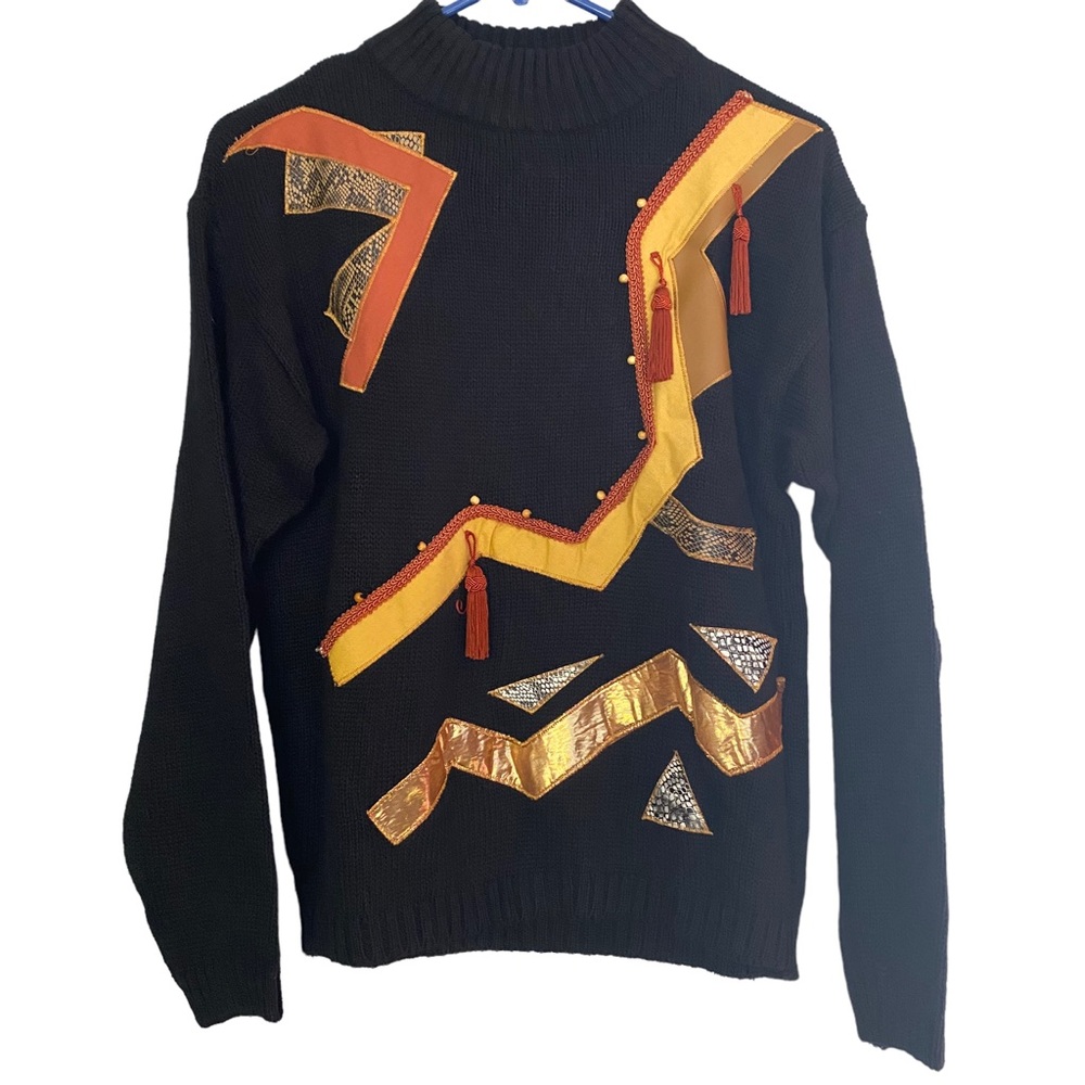 Vintage Croquet Club 80s Embroider Stitch Tassel Beaded Knit Sweater L